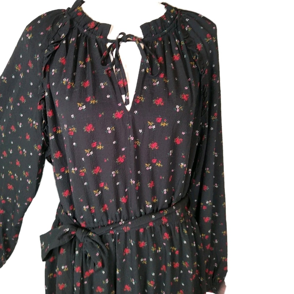 GAP Floral Maxi Midi Dress Long Sleeve Black w/ Red Ditzy Print Cottage Core XXL